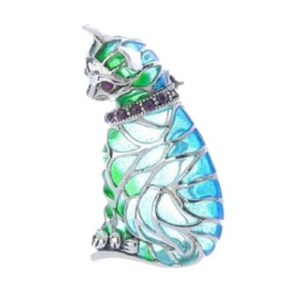 A Plique-a-jour and Gemstone Cat Brooch/Pendant set in Sterling Silver. - Picture 1 of 1